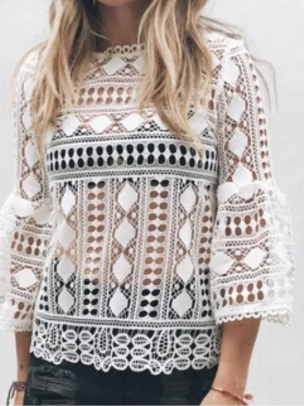 Ellison White Crochet Bell Sleeve Lace Top